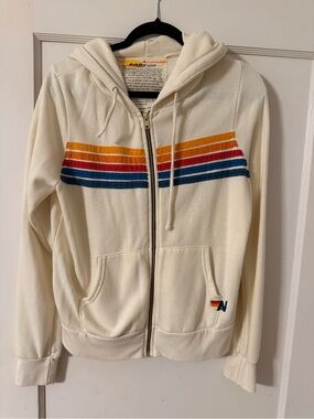 Aviator Nation Cream Zip Hoodie with Orange, Red & Blue Stripes